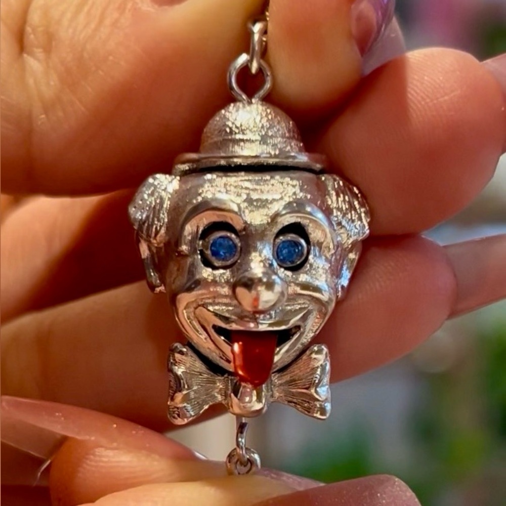 Vintage Monet Mechanical Clown Charm Blue Rhinestone Eyes Moving Tongue